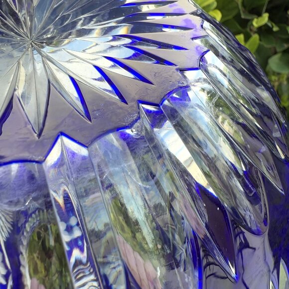 Bohemian Crystal Cobalt Blue Cut to Clear Large Rose Bowl 7” - Picture 11 of 11